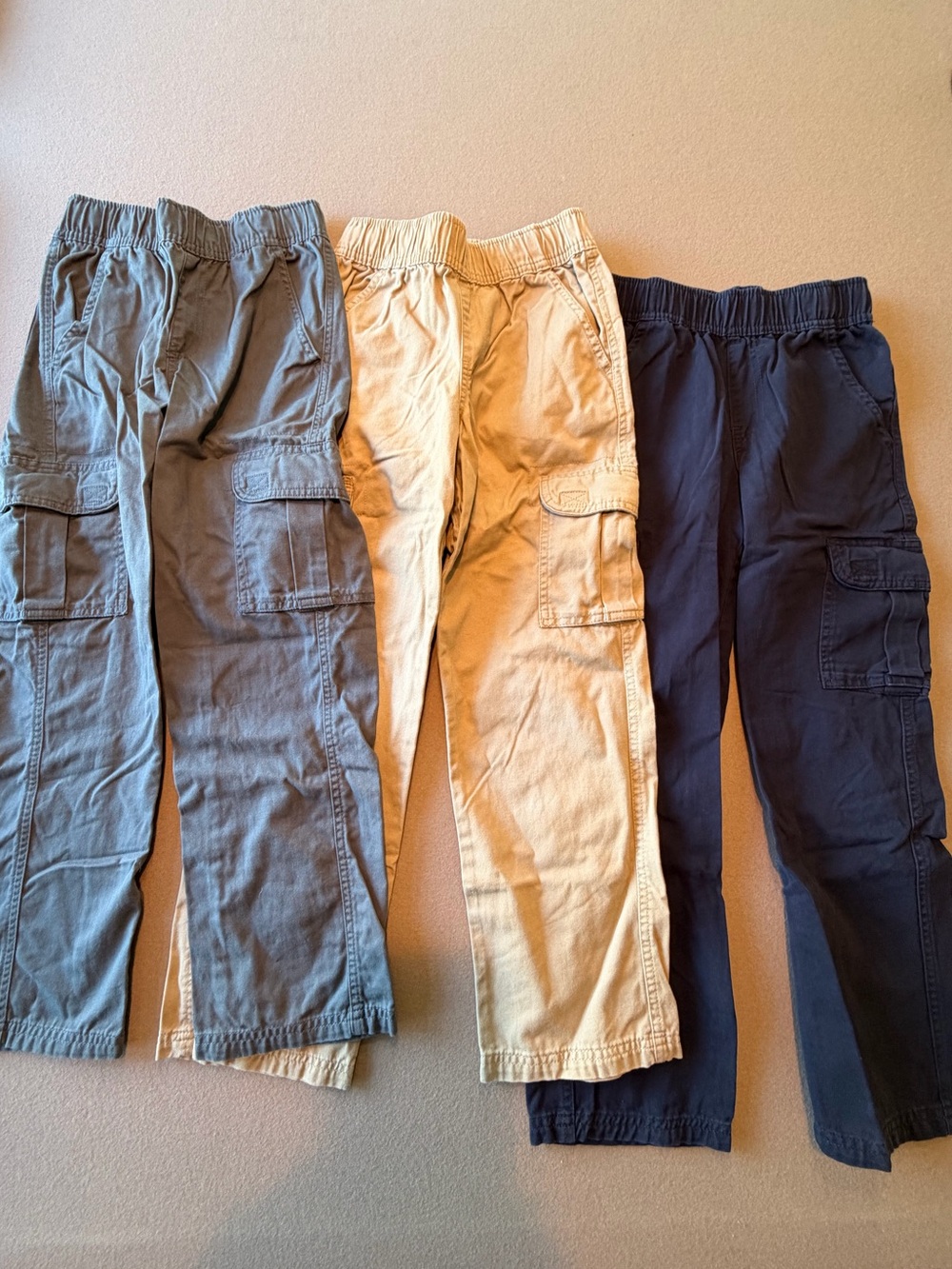 Children’s Place Cargo Pants Trio - Gray, Tan, Navy, Size 8, adjustable waist